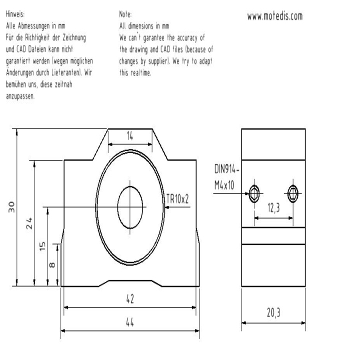Trapezoidal screw nut 10x2 R in red bronze with aluminum housing reduces mechanical stress