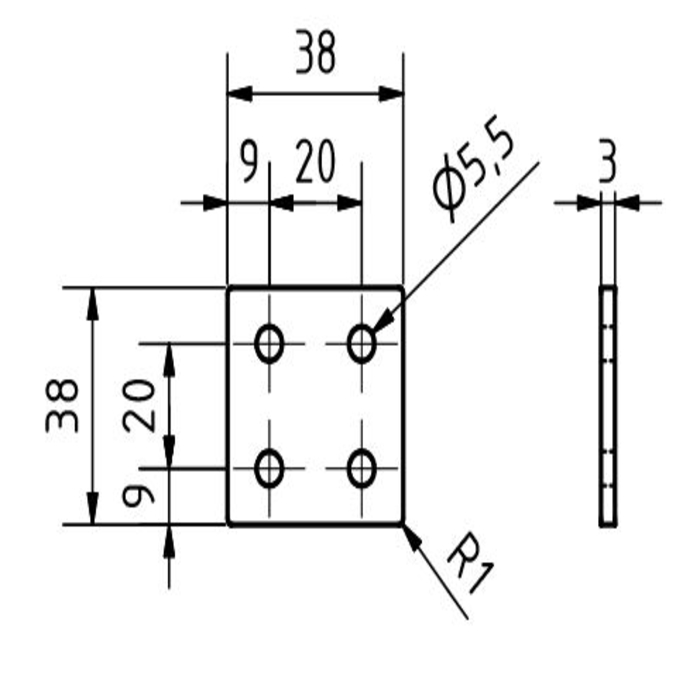 Square connector plate 38x38x3, Lasercut
