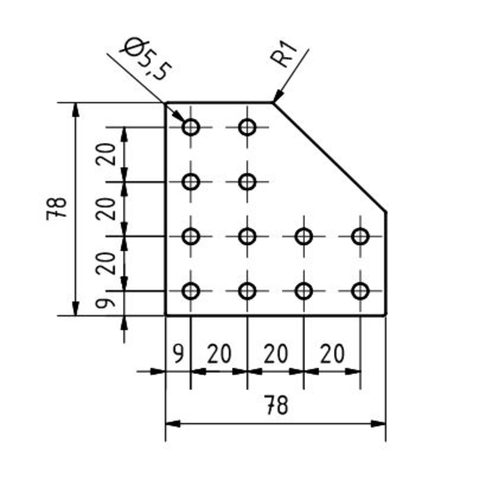 Placa de conexión en forma de L 78x78x3 cortada con láser