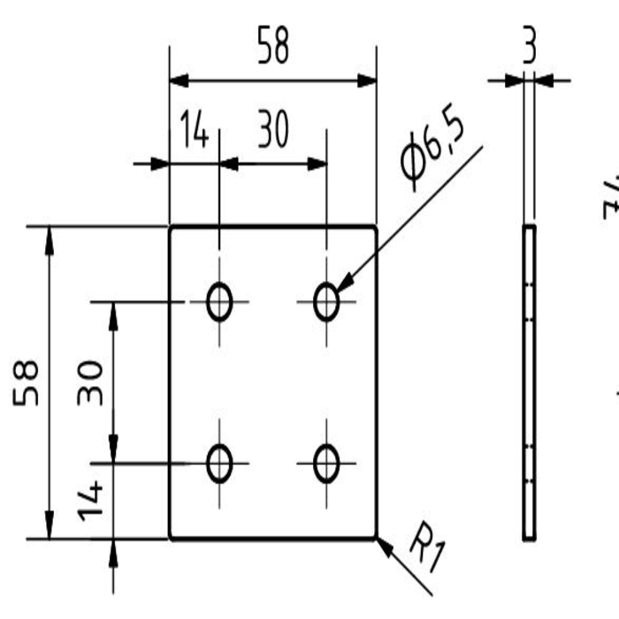 Square connector plate 58x58x3, Lasercut