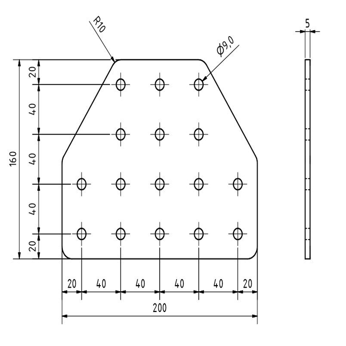 Placa de conexión en T 200x160x5 corte con láser