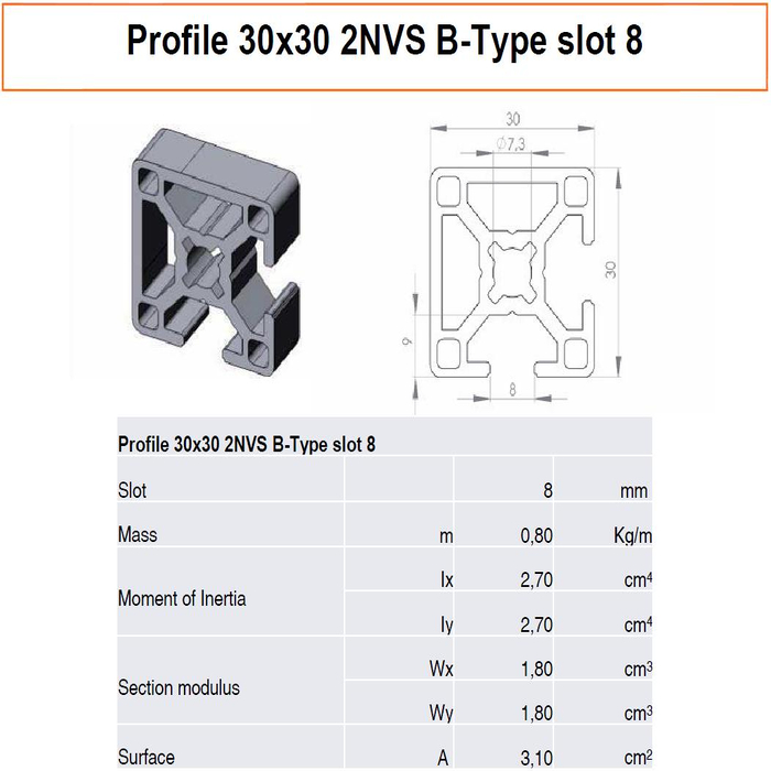 Perfil De Aluminio 30x30 Mm - Anodizado Plata, Ranura Tipo B 8, Ligero, 1 Ranura Oculta, Longitud 540 Mm